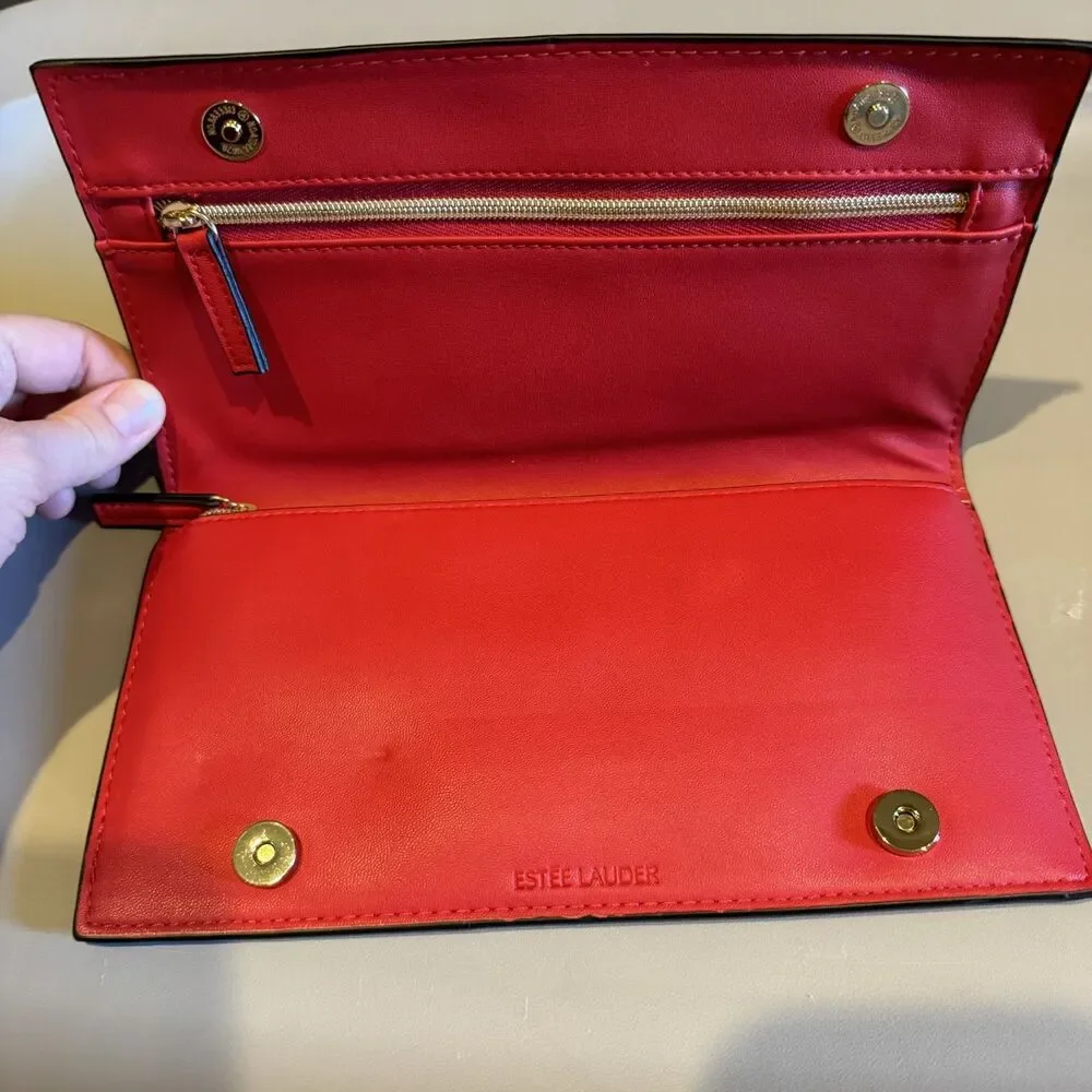 Estée Lauder Cosmetic Travel Organizer Red Vegan Leather Snap Clutch 9x5 Bag